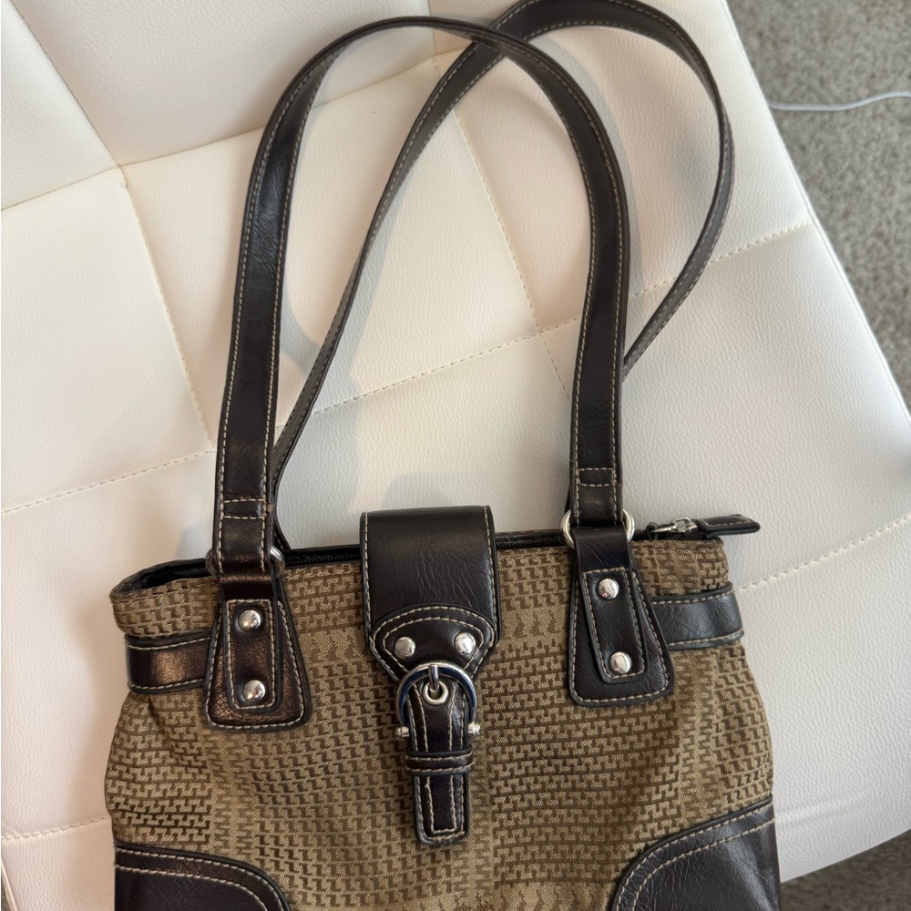 Brown Houndstooth Shoulder Bag with Buckle Detail